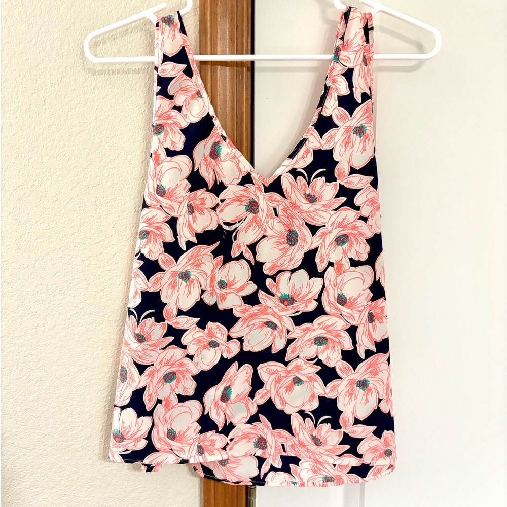 one clothing Floral V-Neck Sleeveless Top - Navy & Orange Size Medium